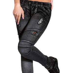Womens Denim Stretch Skinny Ripped Moto Jeans